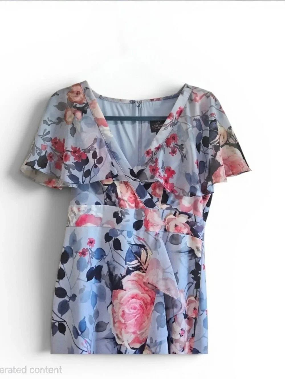 Adrianna Papell Light Blue Floral V-Neck Dress Size 6 - Picture 2 of 5